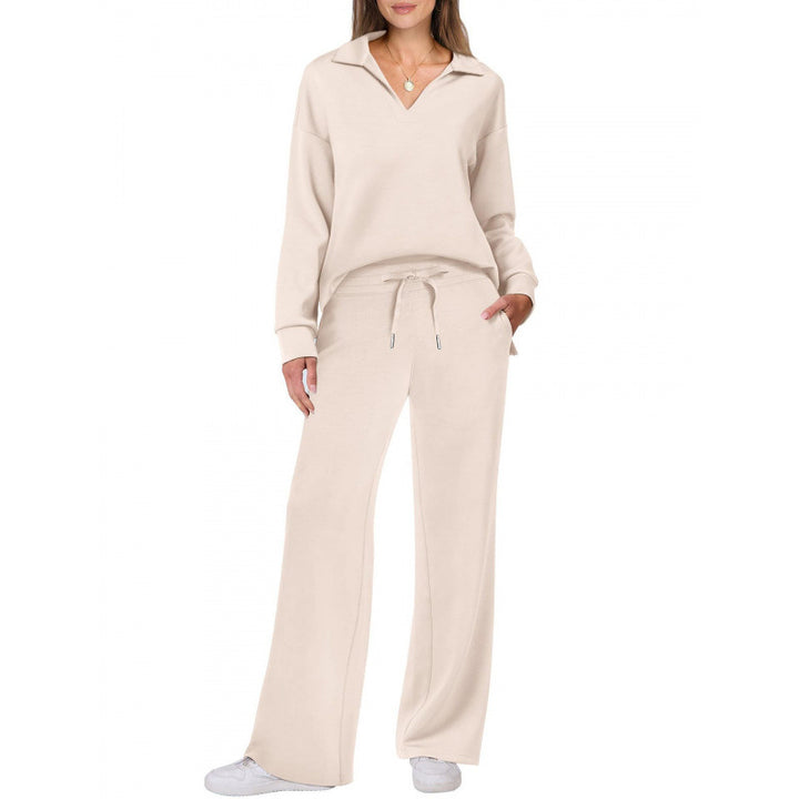 Women's Two Piece Lounge Set – Knit V-Neck Pullover & Straight-Leg Trousers