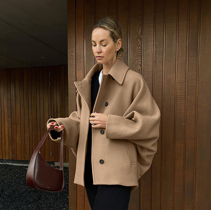 Women's Wool Blend Batwing Sleeve Coat – Modern Lapel Outerwear