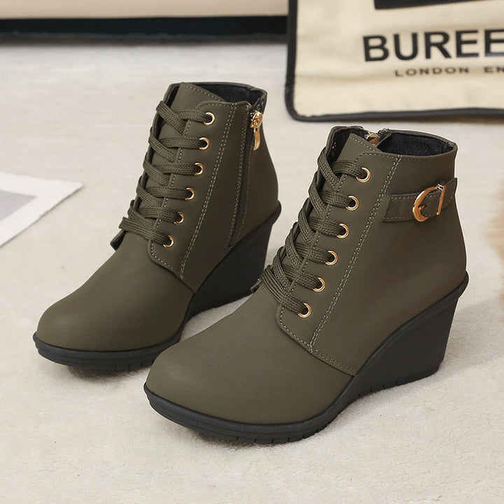 Women's Wedge Heel Ankle Boot with Buckle & Side Zip – Suede Look