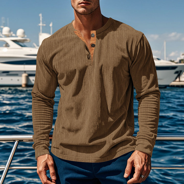 Corduroy Shirt for Men – Slim-Fit Pullover, Four-Button Long Sleeve
