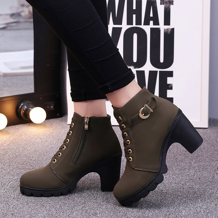 Vegan Leather Ankle Boot – Women's Cross-Strap Suede, Rugged Sole