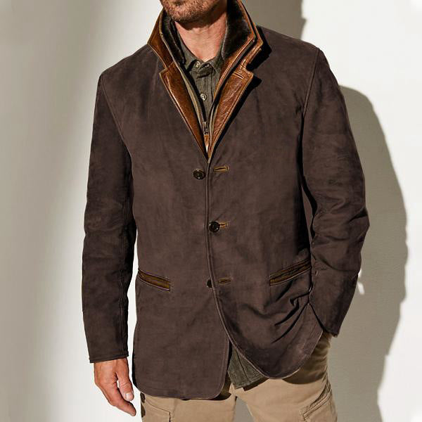 Men's Patchwork Jacket – Retro Style with Contrast Collar & Patch Pockets