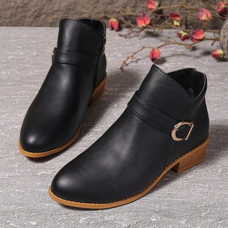Women's Block Heel Ankle Boot – Buckle Strap Cotton Lined Leather