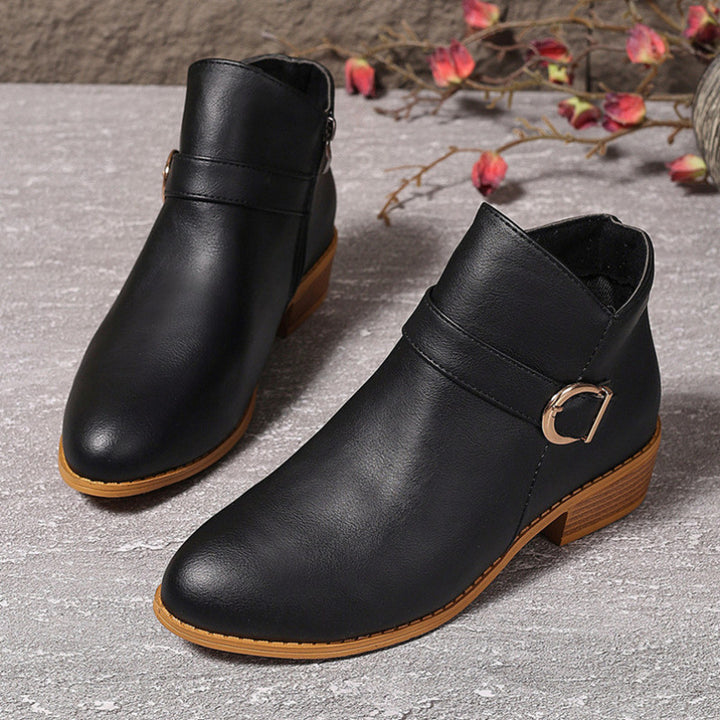 Women's Block Heel Ankle Boot – Buckle Strap Cotton Lined Leather