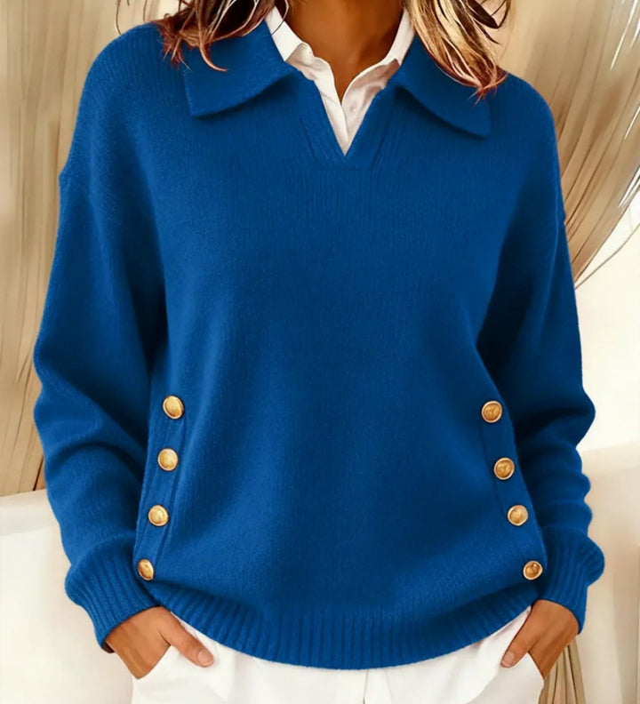 Cotton Pullover Sweater for Women – Turn-Down Collar, Button Trim