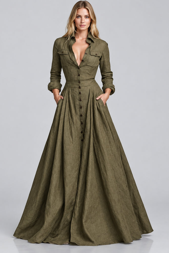 Women's Maxi Dress – Button-Down, Flared, Long Sleeve, High Waist Cotton