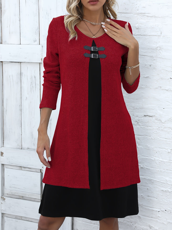 Women's Sweater Mini Dress – Contrast Layered Buckle Detail
