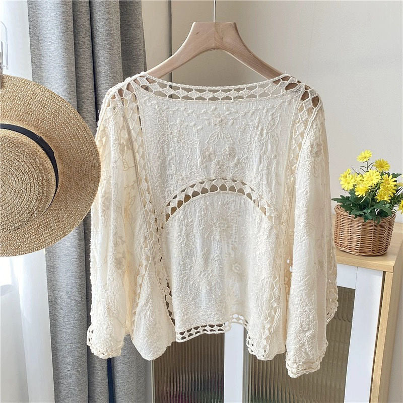 Cotton Crochet Cardigan for Women – Embroidered Lace Slim Fit