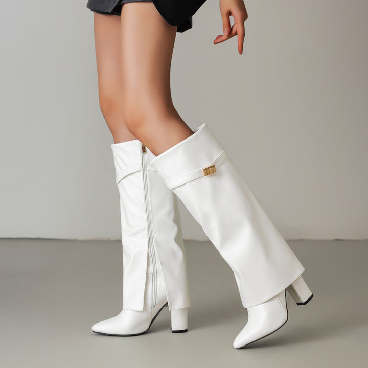 Women's Vegan Leather High Shaft Boot – Pointed Toe, Metal Buckle