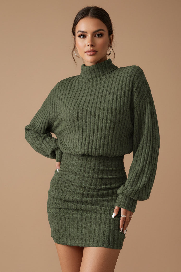 Women's Ribbed Knit Long Sleeve Suit – High Neck, Modern Plaid Detail