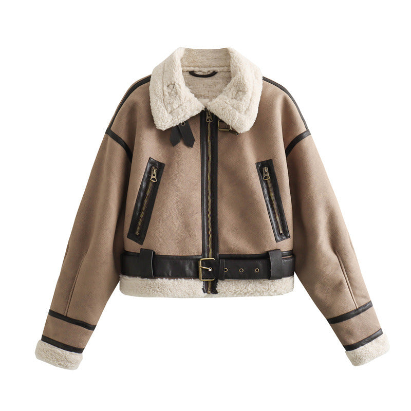 Women's Vegan Leather Coat with Lambswool Trim – Relaxed Zip Jacket