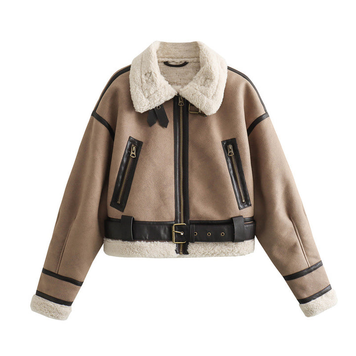 Women's Vegan Leather Coat with Lambswool Trim – Relaxed Zip Jacket
