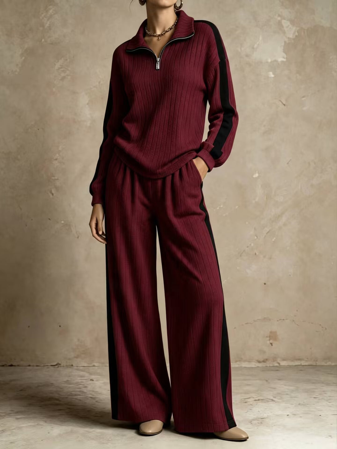 Women's Two Piece Lounge Set – Ribbed Knit Half-Zip Top & Pants