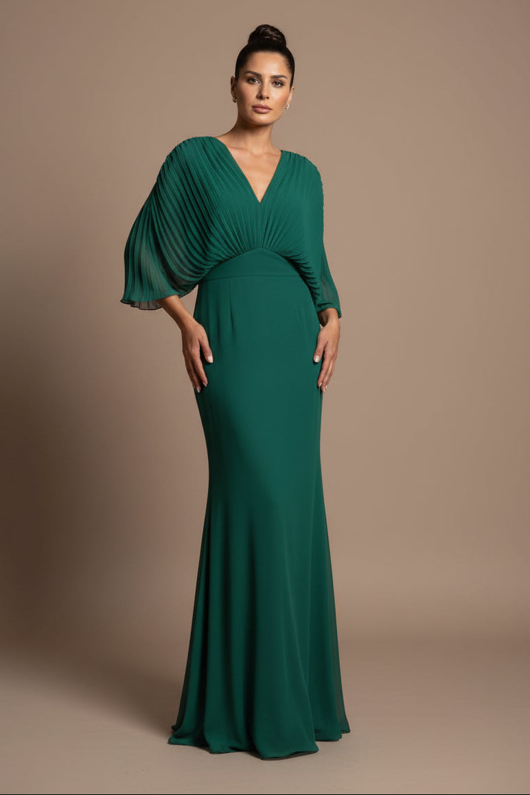 A-Line Maxi Dress in Easy-Care Fabric – V-Neck, Batwing Sleeve