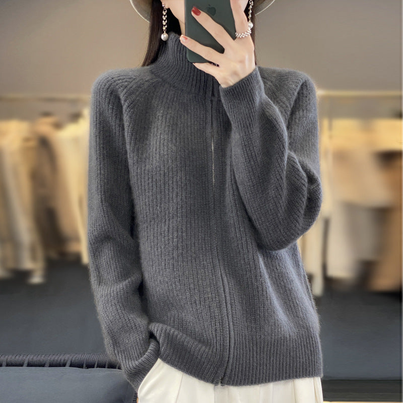 Women's Wool Turtleneck Zipper Cardigan – Ribbed Thick Knit
