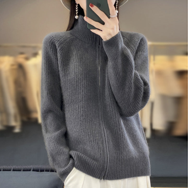 Women's Wool Turtleneck Zipper Cardigan – Ribbed Thick Knit