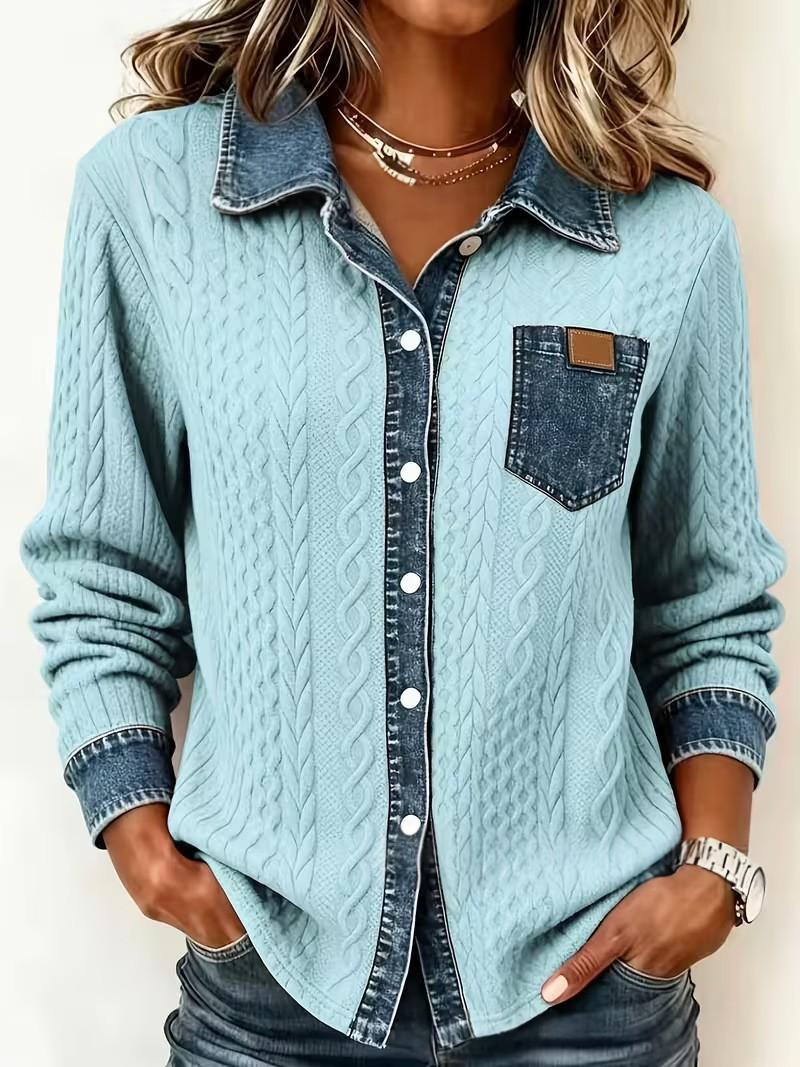 Women's Cable-Knit Plaid Shirt – Textured Long Sleeve Classic Style
