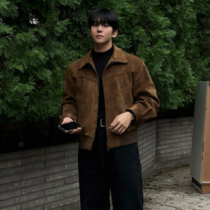 Men’s Suede Look Jacket with Classic Lapel – Collared Style