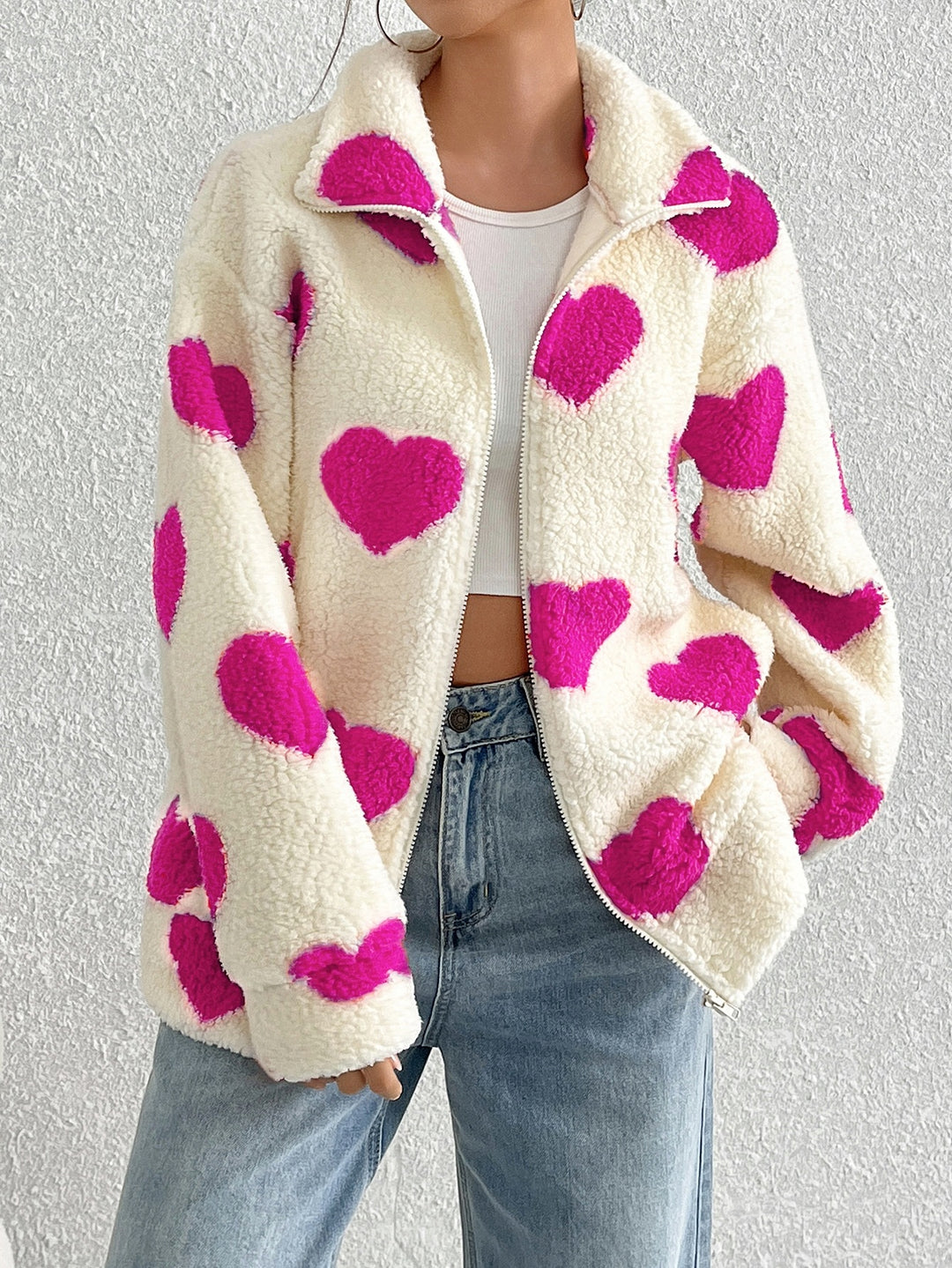 Plush Heart Print Women's Coat – Soft High-Pile Relaxed Fit Outerwear