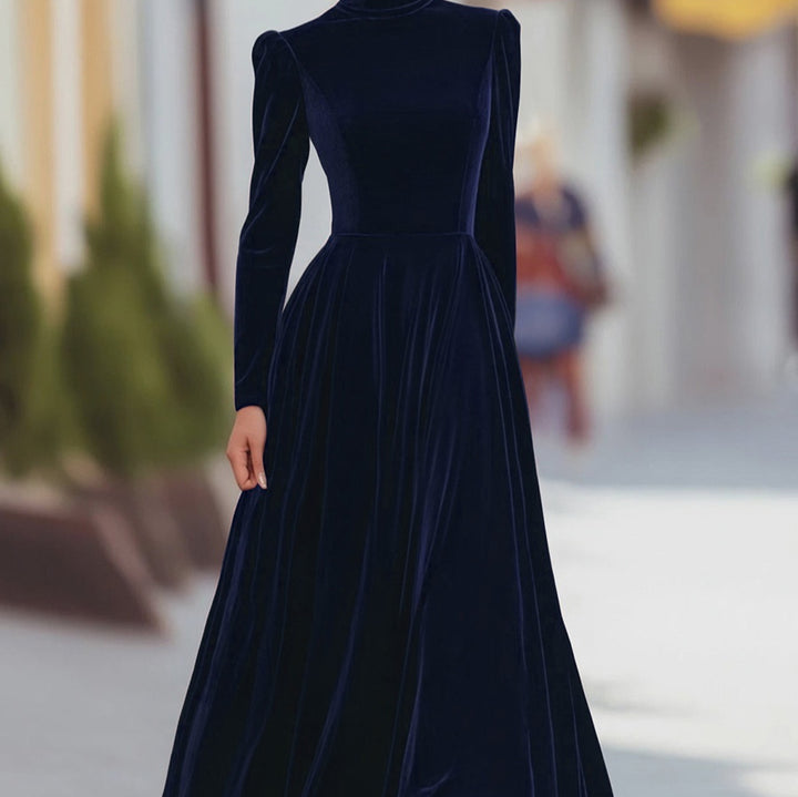 Women's Maxi Dress in Structured Fabric – High Neck & Puffed Sleeves