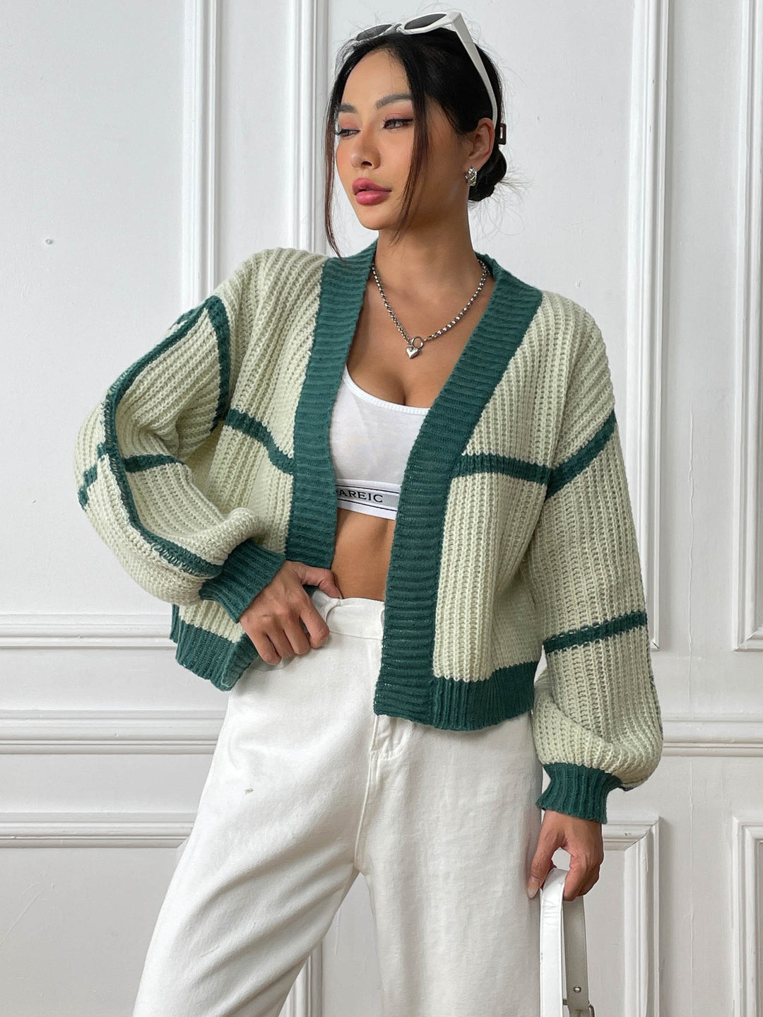 Women's Patchwork Sweater – Color Contrast Lantern Sleeve Pullover