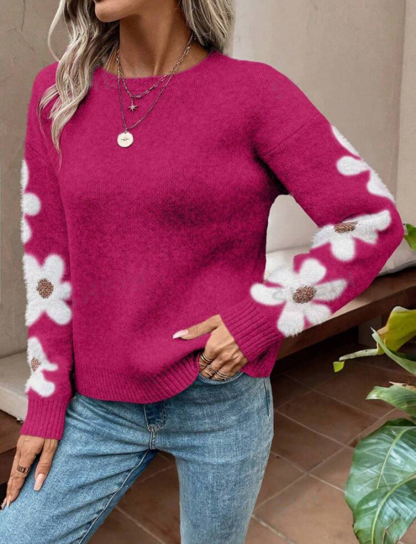 Women's Sweater Jacquard Knit – Crocheted Floral Detail Loose Fit