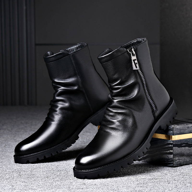 Men's Leather Boot – Low Heel Zipper High-Top Style