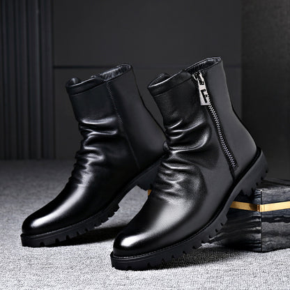 Men's Leather Boot – Low Heel Zipper High-Top Style
