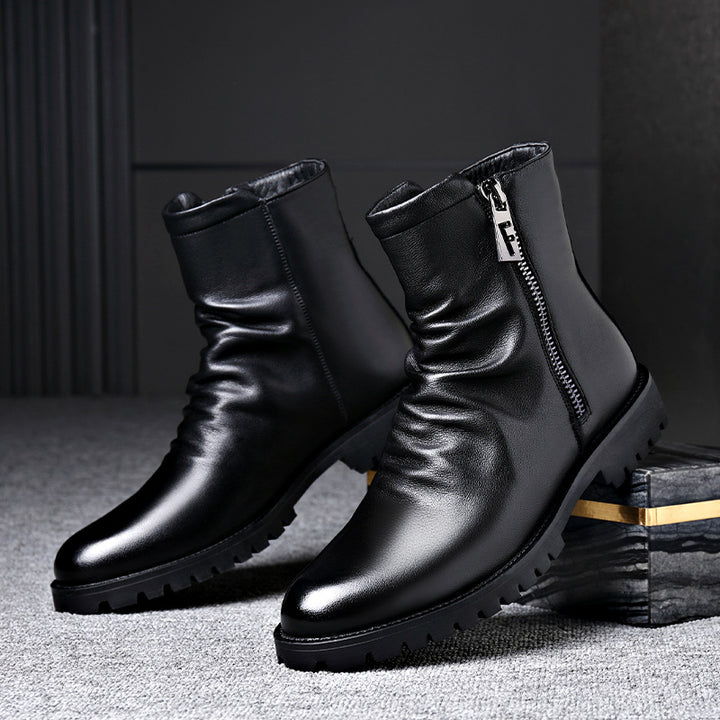 Men's Leather Boot – Low Heel Zipper High-Top Style