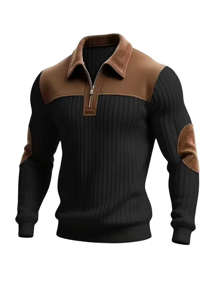 Men's Knit Pullover Sweater – Notched Collar Patchwork, Embroidered Zip