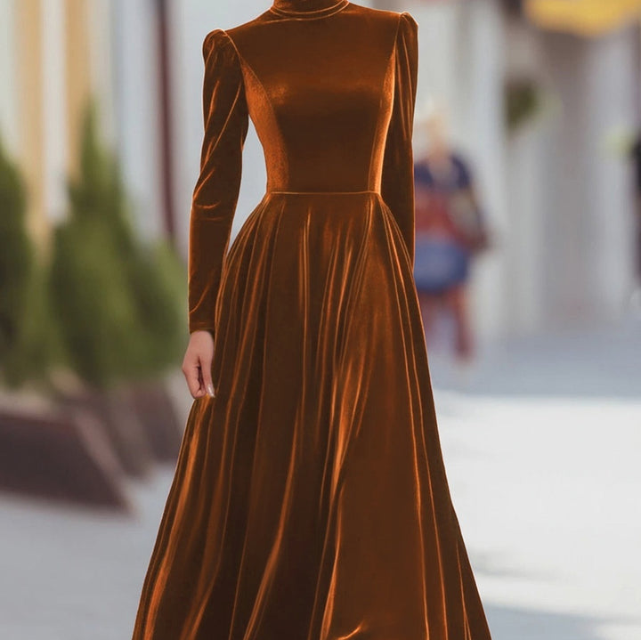 Women's Maxi Dress in Structured Fabric – High Neck & Puffed Sleeves