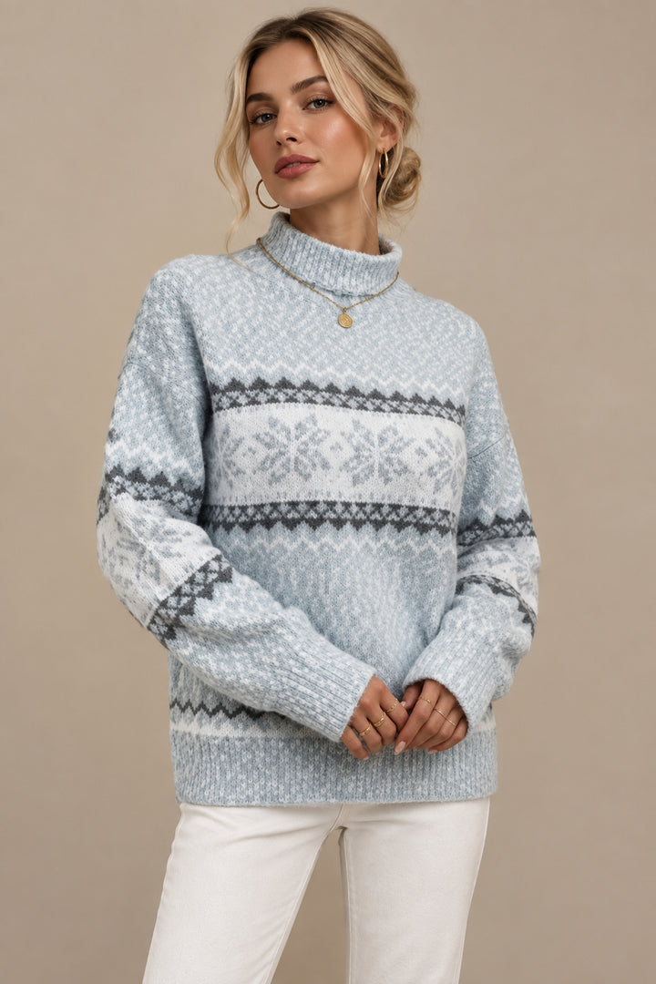 Women's Snowflake Sweater – Knitted Thick Ribbed Half Turtleneck