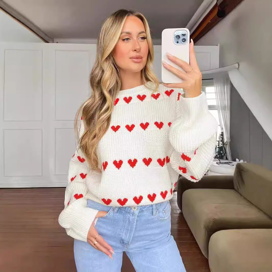 Heart Pattern Women's Jacquard Sweater – Two-Tone Knit Pullover