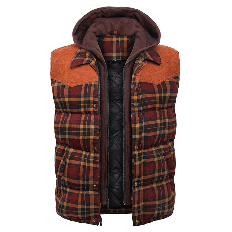 Men's Hooded Quilted Vest – British Plaid, Warm Core Layer