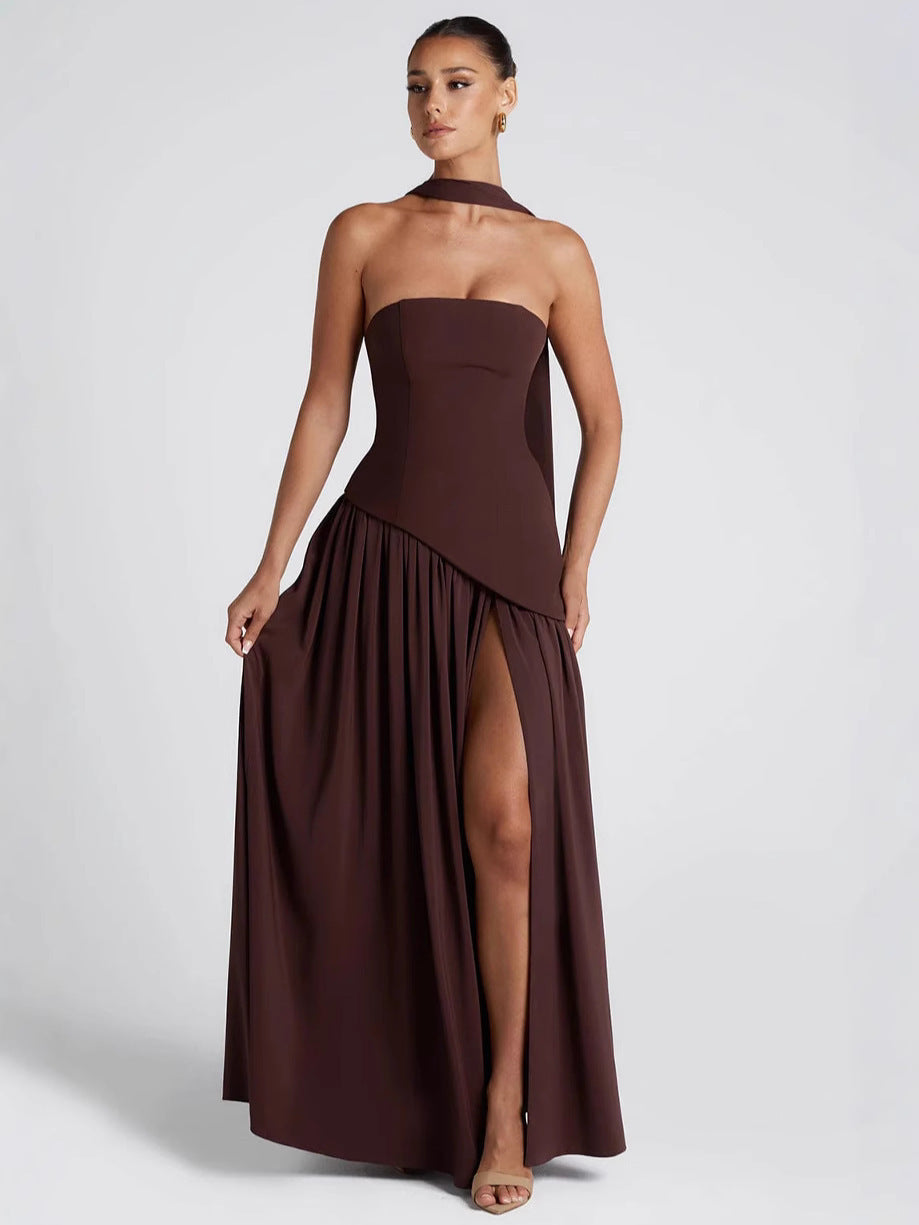 Women's Strapless Slit Dress – High Waist Patchwork Silhouette