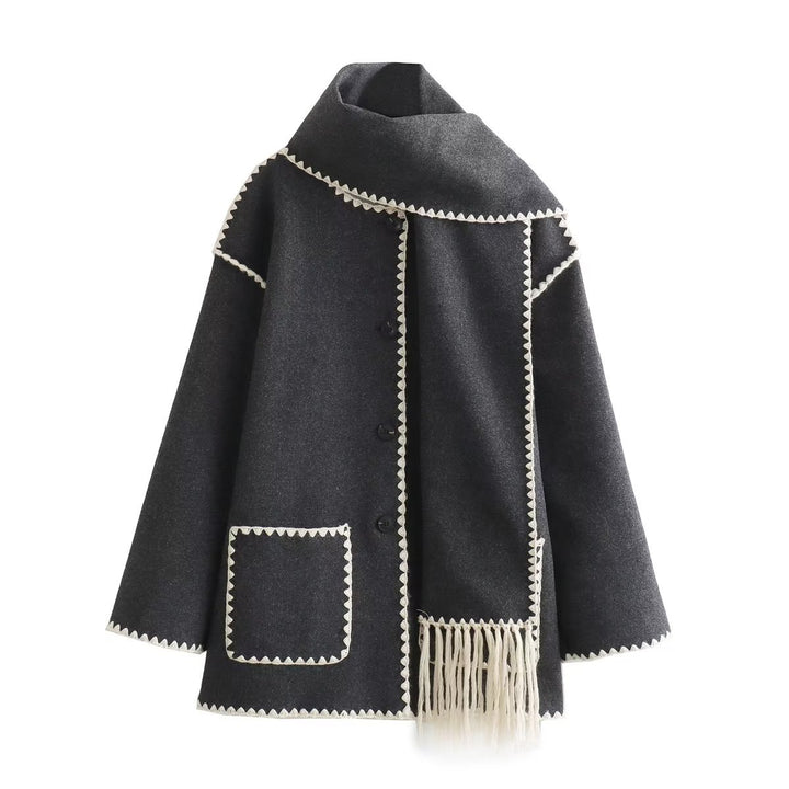 Women's Wool Coat with Attached Scarf – Thick Loose Fit