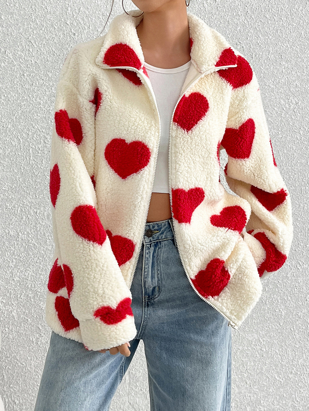 Plush Heart Print Women's Coat – Soft High-Pile Relaxed Fit Outerwear