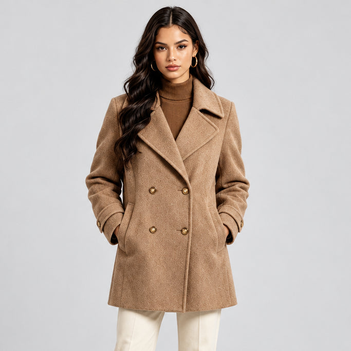 Tailored Women's Coat – Wool Blend, Mid-Length, Structured Lapel, Button Front