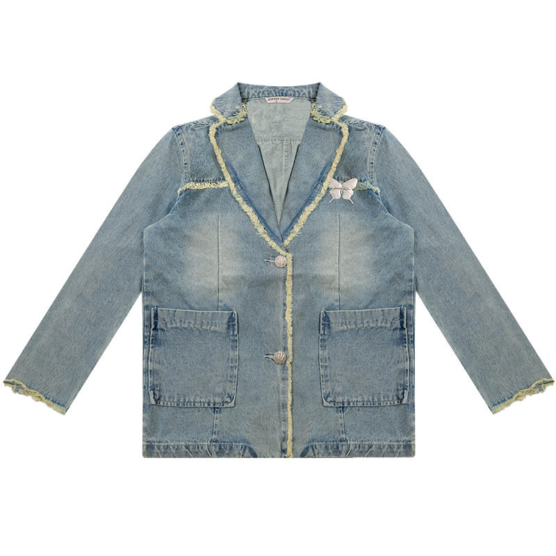 Denim Suit Jacket for Women, Relaxed Fit Single-Breasted Blazer