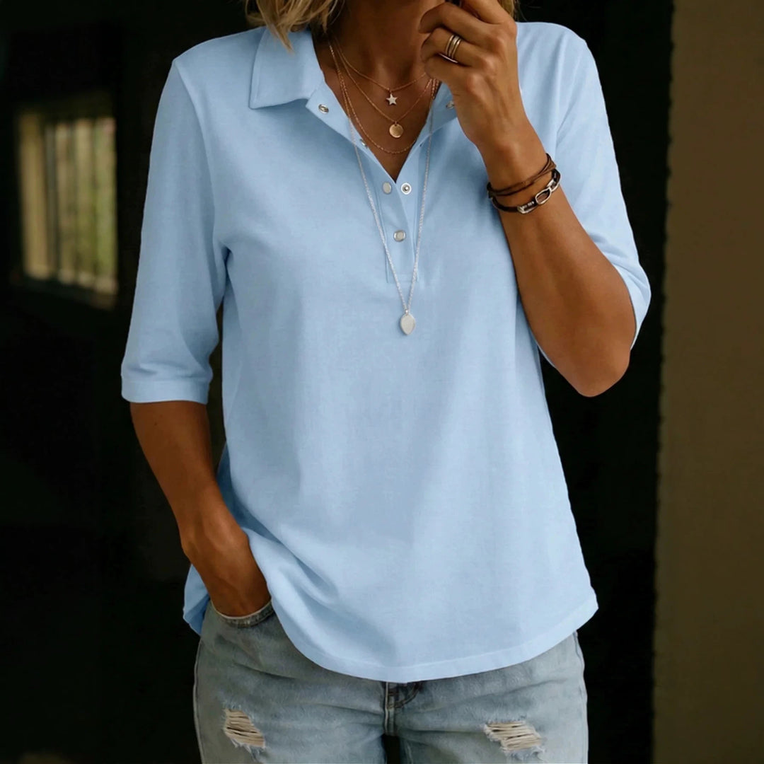 Three-Quarter Sleeve Cotton Blouse for Women – Relaxed Lapel Placket