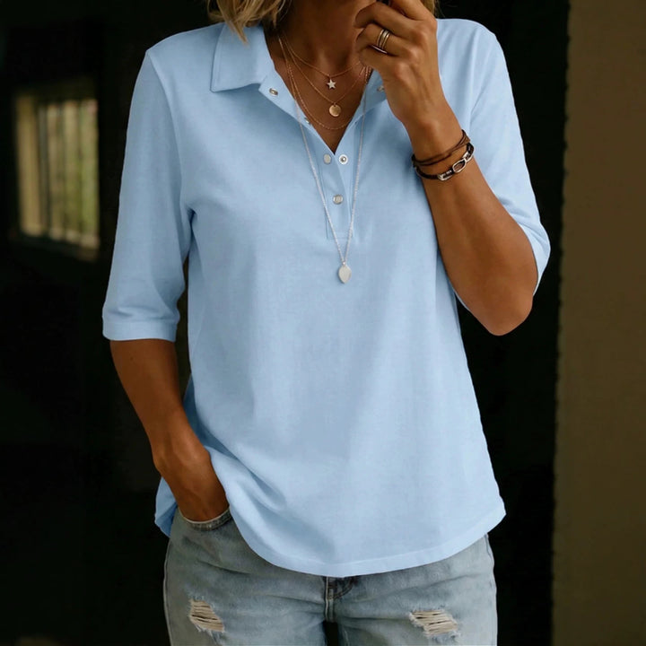 Three-Quarter Sleeve Cotton Blouse for Women – Relaxed Lapel Placket