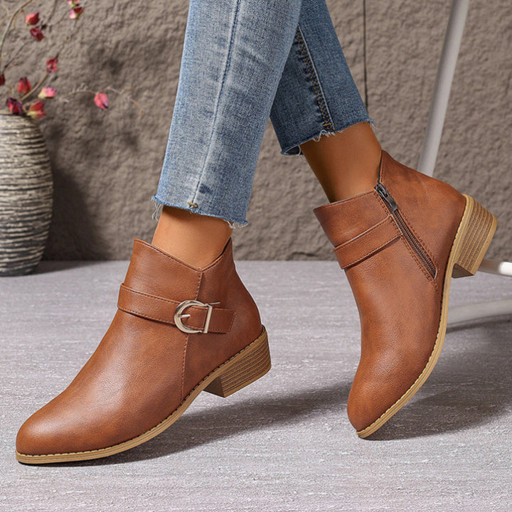 Women's Block Heel Ankle Boot – Buckle Strap Cotton Lined Leather