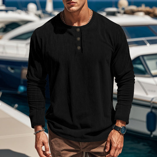 Corduroy Shirt for Men – Slim-Fit Pullover, Four-Button Long Sleeve