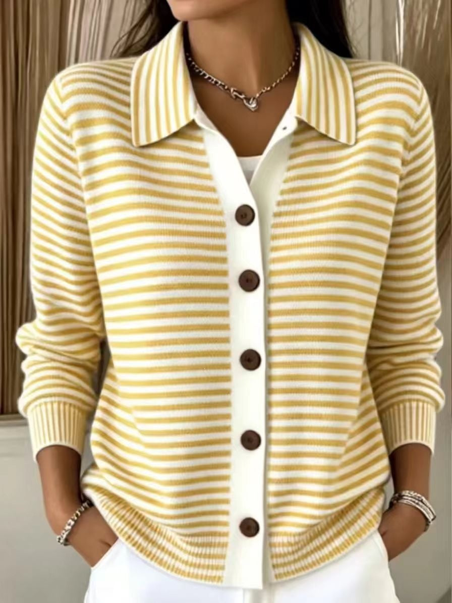 Women's Striped Knit Cardigan Button-Down Soft Cotton Layered Sweater