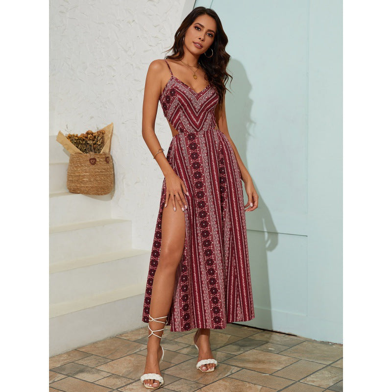 Women's Slip Dress – Floral Print Backless Strappy with Slit Detail