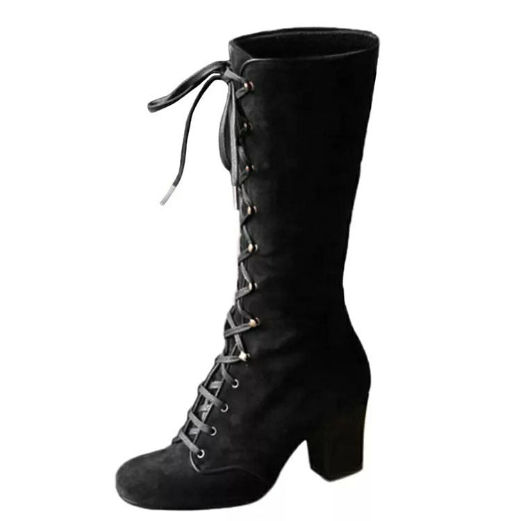 Women's Suede Lace-Up Mid-Heel Riding Boot – Chunky Heel Comfort