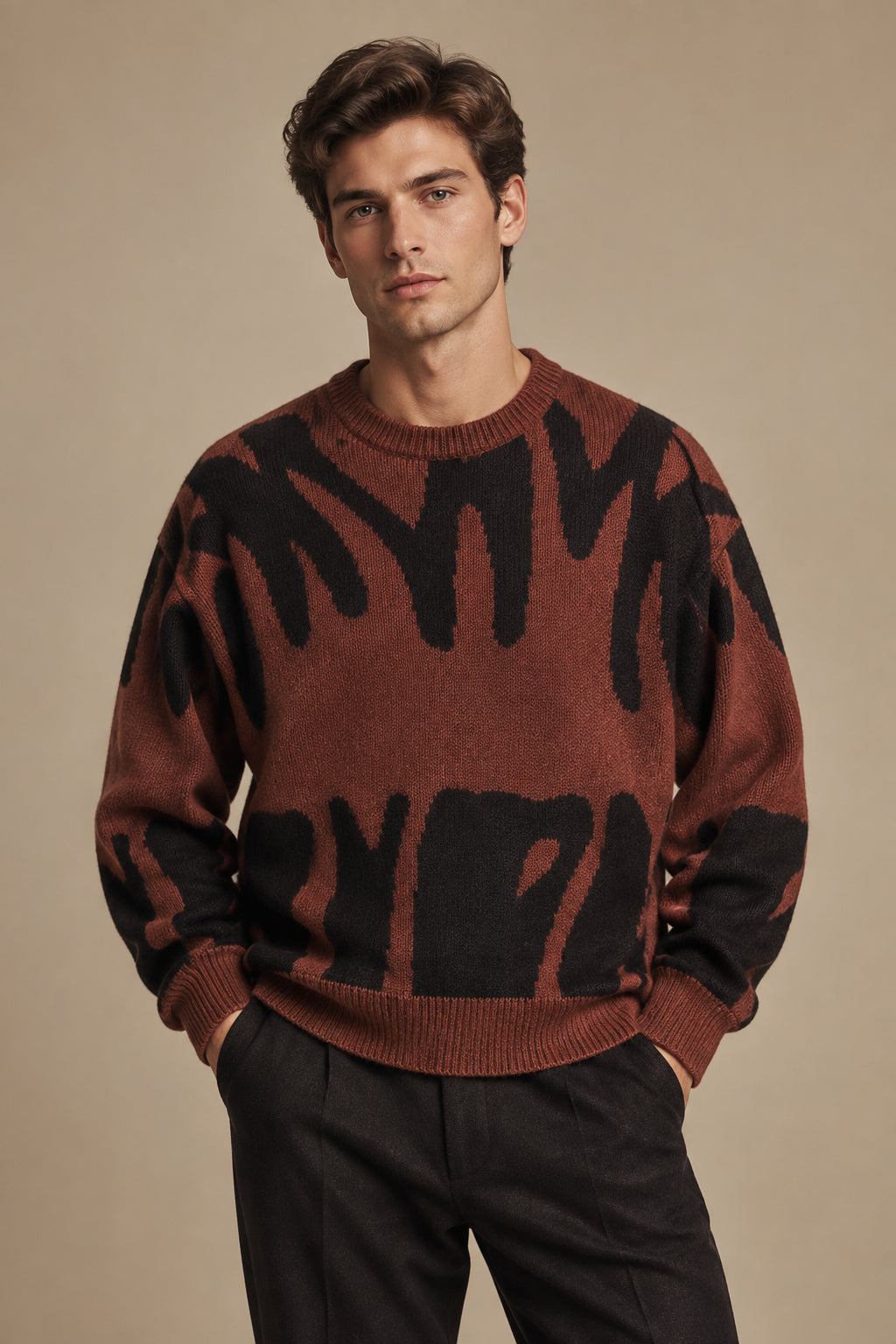 Men's Knit Sweater – Minimalist Print, Loose Casual Pullover