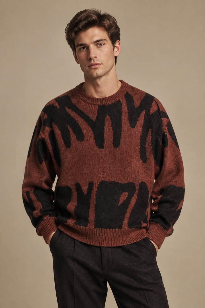 Men's Knit Sweater – Minimalist Print, Loose Casual Pullover