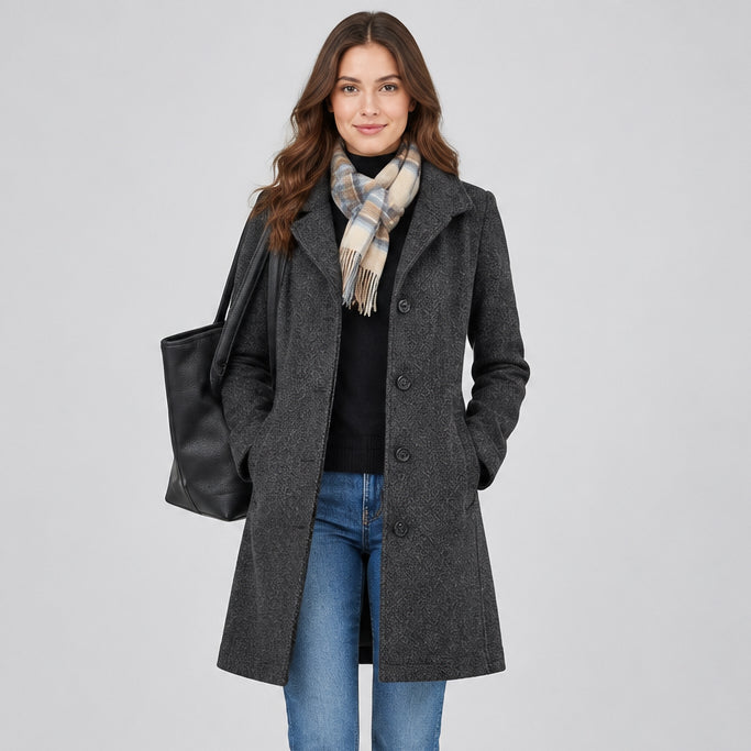 Women's Woolen Midi Coat – Slim Suit Collar and Long Sleeves