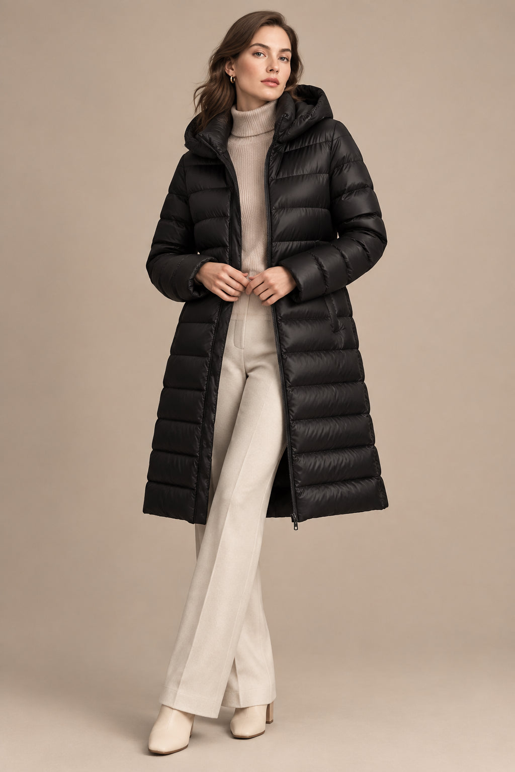 Women's Down Puffer Jacket Hooded – Mid-Length, Detachable Hood